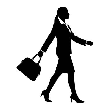 Profilde siyah bir kadın silueti yürürken resmedildi. O, etekli ve yüksek topuklu bir takım elbise giyiyor ve sol elinde bir evrak çantası taşıyor. Arkaplan düz beyaz.