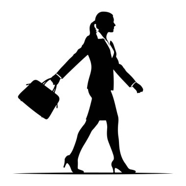 Profesyonel kıyafetli, takım elbiseli, etekli ve topuklu ayakkabılı bir kadının siyah silueti soldan sağa doğru yürüyor. Sol elinde bir evrak çantası taşıyor. Görüntü, beyaz bir arkaplana karşı katıksız siyah beyaz bir grafiktir. 