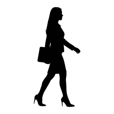 Soldan sağa yürüyen siyah bir kadın silueti. O bir ceket, etek ve yüksek topuklu ayakkabı giyiyor. O, sol elinde bir evrak çantası tutuyor. Onun saçı uzun ve düz. Arkaplan beyaz.