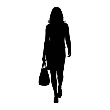 Sol elinde büyük bir çantayla yürüyen siyah bir kadın silueti. Onun omuz hizasında saçları var ve bir elbise giyiyor. Arkaplan düz beyaz.