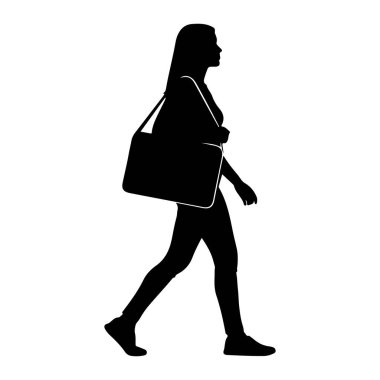 Bir kadının siyah silueti profilde soldan sağa doğru yürürken resmedilir. Uzun saçları var ve günlük giysiler giyiyor. Sağ omzunun üzerinden geniş bir omuz çantası sarkıtılıyor ve askısı göğsünde ve omzunda görünüyor. Bacakları...