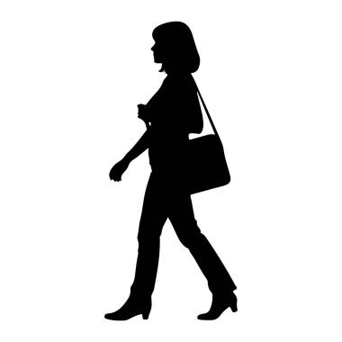 Beyaz arka planda soldan sağa doğru yürüyen siyah bir kadın silueti. Profilde resmedilmiş, pantolon ve topuklu ayakkabılar giyiyor. Bir omuz çantası vücudunun sağ omzunda duruyor. Saçları kısa saç stili..