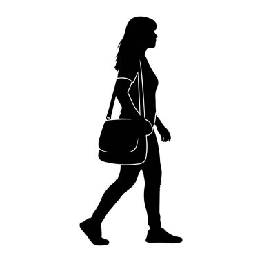 Profilden bakıldığında soldan sağa doğru yürüyen siyah bir kadın silueti. Uzun saçları var ve günlük kıyafetler giyiyor. Tişört ve pantolon da dahil. Vücuduna bir omuz çantası saplanmış. Ayakları hareket halinde, bu bir adım olduğunu gösteriyor. Ka...