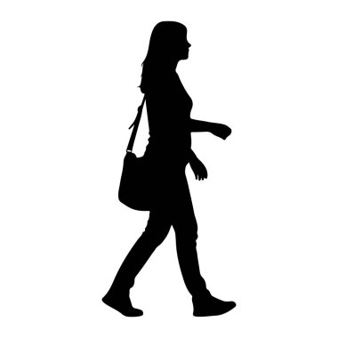Soldan sağa yürüyen bir kadının siyah silueti düz beyaz bir arkaplanda tasvir edilir. Onun uzun saçları var ve pantolon ve ayakkabılar da dahil olmak üzere günlük kıyafetler giyiyor. Vücuduna bir omuz çantası saplanmış. Görüntü temiz ve net.