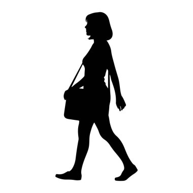 Soldan sağa yürüyen siyah bir kadın silueti. Profilde tasvir edilmiş, elbise giyiyor ve omuz çantası taşıyor. Onun saçı kısa ve şekilli. Resim beyaz bir arkaplanda izole edilmiştir.