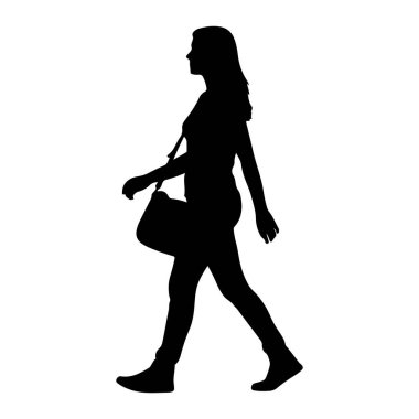 Soldan sağa yürüyen bir kadının siyah silueti beyaz arka planda resmedilmiştir. Uzun saçları var ve günlük giysiler giyiyor. Vücuduna bir omuz çantası saplanmış. Kolları doğal bir şekilde yürüme pozisyonunda ve bacakları...