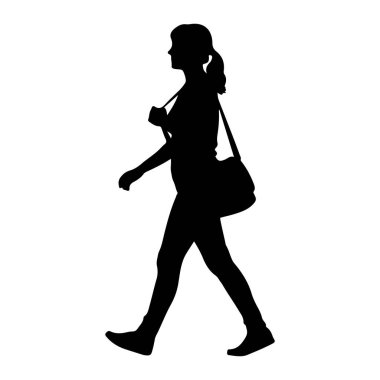 Soldan sağa yürüyen siyah bir kadın silueti. Saçları at kuyruklu ve vücudunda bir omuz çantası taşıyor. Arkaplan düz beyaz.