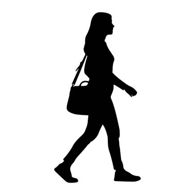 Profil görüntüsünde soldan sağa doğru yürüyen siyah bir kadın silueti. Uzun saçları var ve günlük giysiler giyiyor. Vücuduna bir omuz çantası saplanmış. Arkaplan düz beyaz.