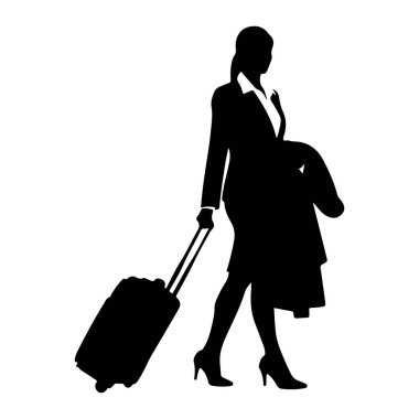 Tekerlekli bavulu çekerken yürüyen siyah bir kadın silueti. Takım elbise, bluz, etek ve topuklu ayakkabı giyiyor. O da kolunda örtülü bir ceket taşıyor. Siluet beyaz bir arkaplanda izole edilmiş..