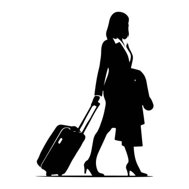 Siyah bir siluet, takım elbiseli bir kadın yuvarlanan bir bavulu çekerken ve omuzunda bir ceket taşırken görülüyor. O yüksek topuklu giyiyor. Resim beyaz bir arkaplanda izole edilmiştir.