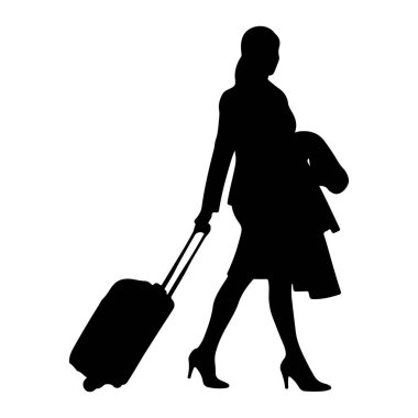Tekerlekli bavulu çeken ve omuzunda palto taşıyan bir kadının siyah silueti. Yüksek topuklu ayakkabı giyiyor ve profesyonel giyinmiş gibi görünüyor. Arkaplan düz beyaz.