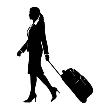 İş kıyafeti giymiş siyah bir kadın silueti sağa doğru yürüyor, arkasında yuvarlanan bir bavul taşıyor. O bir ceket, etek ve yüksek topuklu ayakkabı giyiyor. Görüntü, beyaz arkaplanda temiz ve izole bir grafiktir..