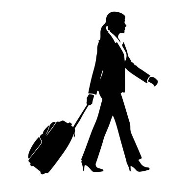 İş kıyafetleri içinde siyah bir kadın silueti bavul çekerken yürüyor. Takım elbise, pantolon ve yüksek topuklu ayakkabı giyiyor. Resim beyaz bir arkaplanda izole edilmiştir.