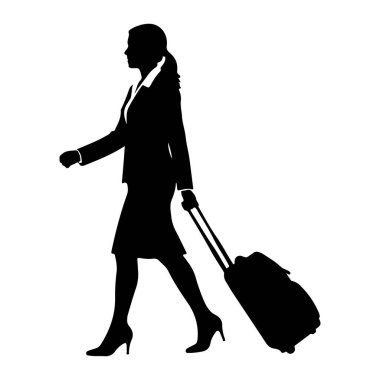 İş elbisesi giymiş siyah bir kadın silueti ve yüksek topuklu ayakkabılar sağa doğru yürüyor, arkasında tekerlekli bavul taşıyor. Resim beyaz bir arkaplanda izole edilmiştir.