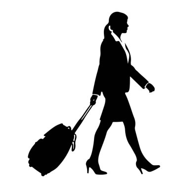 İş elbisesi giymiş siyah bir kadın silueti tekerlekli bavulu çekerken yürüyor. O bir ceket, etek ve yüksek topuklu ayakkabı giyiyor. Resim beyaz bir arkaplanda izole edilmiştir.