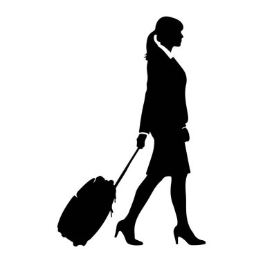 Profilde siyah bir kadın silueti yuvarlanan bir bavulu çekerken yürürken resmedildi. O, bir ceket, etek ve yüksek topuklu ayakkabı da dahil olmak üzere resmi giysiler giyiyor. Arkaplan düz beyaz.