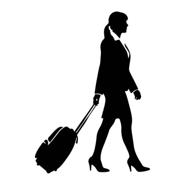 Takım elbiseli siyah bir kadın silueti ve yüksek topuklu ayakkabılar sağa doğru yürüyor, arkasında yuvarlanan bir bavul taşıyor. Resim, beyaz arka planda basit bir grafik tasarımı, bir yolculukta bir profesyoneli tasvir ediyor..
