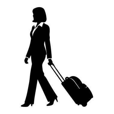 İş kıyafeti giymiş siyah bir kadın silueti soldan sağa doğru yürüyor, arkasında tekerlekli bavul taşıyor. Alevli pantolon ve topuklu bir takım elbise giyiyor. Arkaplan düz beyaz.