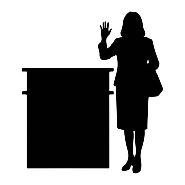 Siyah bir kadın silueti siyah bir tezgahın sağında duruyor. O bir etek giyiyor ve bir el çantası tutuyor. Sağ eli el sallayarak yükseliyor. Arkaplan beyaz.