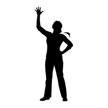 Sağ kolu havada duran ve el sallıyormuş gibi el açık duran siyah bir kadın silueti. Sol eli kalçasının üzerinde. O, pantolon ve boynunda eşarp olan bir gömlek giyiyor. Arkaplan beyaz.