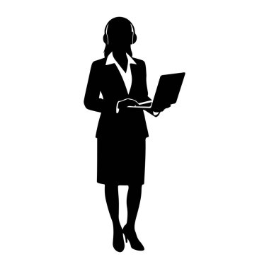 Ayakta duran ve elinde dizüstü bilgisayar tutan bir kadının siyah silueti. O, kulaklık ve beyaz gömlekli bir takım elbise giyiyor. Duruşu, iş ya da iletişim içinde olduğunu gösteriyor..