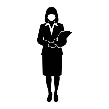 Siyah siluet bir kadın ayakta ve elinde bir pano tutuyor. O, ağzını ve burnunu kapatan etekli ve yüz maskeli bir takım elbise giyiyor. Resim beyaz bir arkaplanda izole edilmiştir.