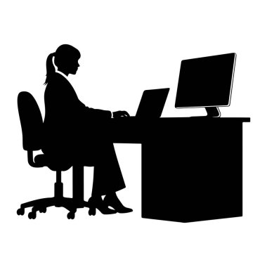 Siyah bir siluet, bir masada oturan ve dizüstü bilgisayarda yazan bir kadını tasvir ediyor. Sağında da masada bir bilgisayar monitörü var. Tekerlekli bir ofis sandalyesinde oturuyor. Sahne basit, temiz bir siluet tarzıyla... 
