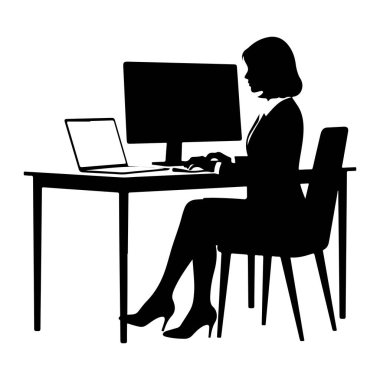 Masada oturan, bilgisayar ve dizüstü bilgisayarda çalışan siyah bir kadın silueti. Resmi kıyafetler ve yüksek topuklu ayakkabılar giyiyor. Sahne, beyaz bir arka plana karşı temiz ve minimalist bir şekilde tasvir edilmiştir..