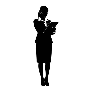 Profesyonel kıyafetli siyah bir kadın silueti panoya yazıp duruyor. O bir ceket ve etek giyiyor, ve onun saçı geri çekildi. Sağ elinde bir kalem tutuyor ve işine odaklanmış görünüyor. Görüntü beyaz renkte izole edilmiştir.