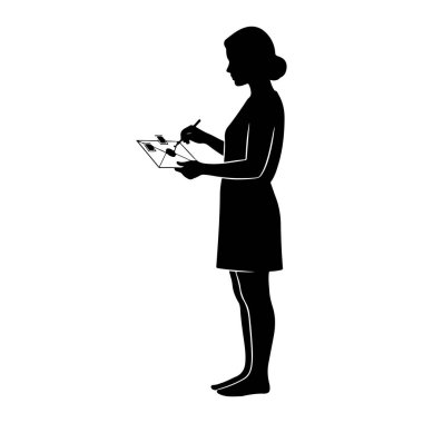 Siyah siluet bir kadın profilde duruyor, sol elinde açık bir zarf ve sağ elinde bir kalem var. Zarfa yazıyor ya da hitap ediyor gibi görünüyor. Arkaplan düz beyaz.