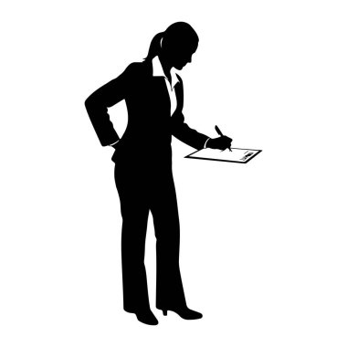 Takım elbiseli bir kadının siyah silueti bir eli kalçasında diğeri ise elinde kalemle bir belgeye yazı yazarken duruyor. Belge bir panoya yerleştiriliyor. Kafası konsantrasyon içinde eğilmiş..