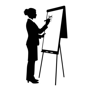 Takım elbiseli bir kadının siyah bir silueti sehpada ters bir çizelgeye bakıyor. Sağ elinde bir işaret tutuyor ve yazı veya çizim yapıyor gibi görünüyor. Çizelgenin boş beyaz yüzeyine. Saçları topuz gibi geri çekiliyor..