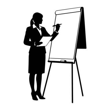 İş elbisesi giymiş siyah bir kadın silueti sehpanın üzerinde bir tablonun yanında duruyor. O bir elinde bir not defteri, diğer elinde bir işaretleyici tutuyor, çevirme çizelgesinin boş yüzeyine yazıyor ya da çiziyor gibi görünüyor. Görüntü simsiyah ve... 