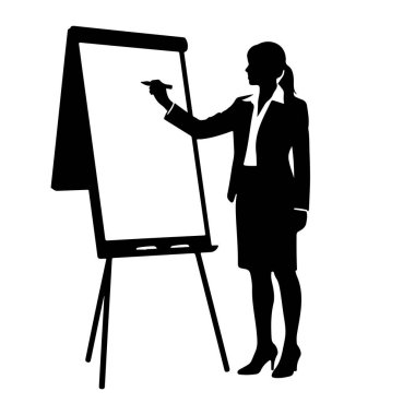 Takım elbiseli ve etekli siyah bir kadın silueti bir resim sehpasının yanında duruyor. Sağ elinde bir işaret tutuyor ve yazı veya çizim yapıyor gibi görünüyor. Çizelgenin boş beyaz yüzeyine. Şövalenin üç bacağı ve bir çerçeve yemeği vardır.