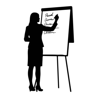 Profesyonel kıyafetli, takım elbiseli, etekli ve topuklu ayakkabılı bir kadının siyah silueti ters bir çizelgeye bakıyor. Bir işaret tutuyor ve çiziminin beyaz yüzeyine siyah bir çizim ile destekleniyor gibi görünüyor.