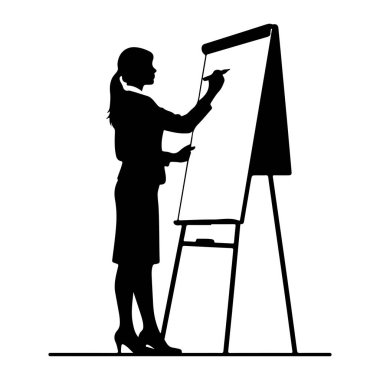 İş elbisesi giymiş siyah bir kadın silueti sehpada ters bir çizelgeye bakıyor. Sağ elinde bir işaret tutuyor ve yazı veya çizim yapıyor gibi görünüyor. Çizelgenin boş beyaz yüzeyine. Saçı bir midillide geri çekiliyor.