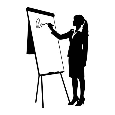 Takım elbiseli ve topuklu ayakkabılı bir kadının siyah silueti tripod sehpasında bir tablonun sağında duruyor. Sağ elinde bir işaret tutuyor ve ters yüz grafiğinin beyaz yüzeyine yazı yazıyor. Saçları at kuyruğu şeklinde geri çekiliyor. Taşralı.