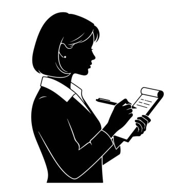 Profilde bir kadının siyah silueti bir not defterine kalemle yazılıyor. O, yakalı bir gömlek ve bir ceket giyiyor. Not defterinde satırlar ve yazı olduğunu gösteren işaretler var. Arkaplan beyaz.