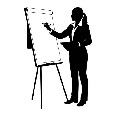 Takım elbiseli bir kadının siyah bir silueti sehpanın üzerindeki bir tablonun yanında duruyor. Sağ elinde bir işaret tutuyor ve yazı veya çizim yapıyor gibi görünüyor. Çizelgenin boş beyaz yüzeyine. Kadının saçı midilliye çekiliyor.