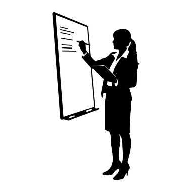 Profesyonel kıyafetli siyah bir kadın silueti beyaz bir tahtanın sağında duruyor. O, sol elinde bir tablet ve sağ elinde bir kalem tutuyor, beyaz tahtaya yazıyor veya çiziyor gibi görünüyor. Beyaz tahta birkaç yatay çizgi gösterir,