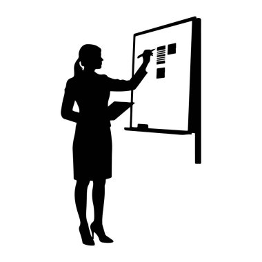 Siyah bir kadın silueti beyaz bir tahtanın önünde elinde bir tablet ve kalemle duruyor. Aktif olarak beyaz tahtaya yazı yazıyor, bu da birkaç dikdörtgen şekil ve çizgi gösteriyor, bu da bir sunum ya da planlama oturumu öneriyor. Arka plan...