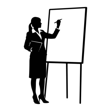 Profesyonel kıyafetli siyah bir kadın silueti, kürsüde beyaz bir tahtanın solunda duruyor. Sol kolunda bir klasör, sağ elinde de boş tahtaya yazmaya hazır bir işaret var. Arkaplan beyaz.