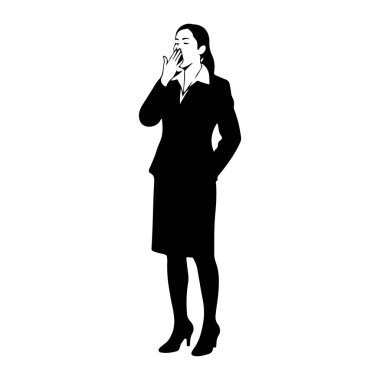 Ayakta duran ve esneyen siyah bir kadın silueti. Etek, ceket, yakalı gömlek, tayt ve yüksek topuklu bir takım elbise giyiyor. Gözleri kapalı ve eli ağzını kapatıyor. Resim beyaz bir arkaplanda izole edilmiştir.