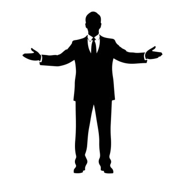 Takım elbiseli ve kravatlı bir adamın siyah silueti kollarını yana açmış, avuçlar yukarı bakıyor. Şekil beyaz bir arkaplanda izole edilmiştir. Siluet, resmi bir takım elbisenin şeklini açıkça tanımlıyor. Ceket ve pantolon da dahil.,