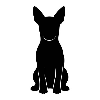 Beyaz arka planda dik oturan siyah bir köpek silueti. Köpeğin büyük, sivri kulakları ve görünür bir gülümsemesi var. Ön pençeleri vücudunun önüne yerleştirilmiştir. Genel izlenim basit, temiz ve dost canlısı bir hayvan grafiği..