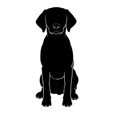 Beyaz arka planda dik oturan siyah bir köpek silueti. Köpeğin dış hatları net bir şekilde tanımlanmış, başını, sarkık kulaklarını, vücudunu ve patilerini gösteriyor. Köpeğin yüzünde burnunun ve ağzının etrafında ince beyaz bir çizgi var.