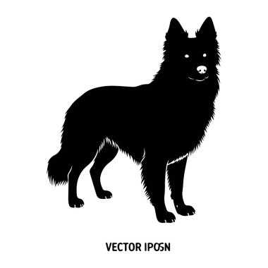 Uzun kürklü siyah bir köpek silueti beyaz bir arka planda duruyor. Köpeğin sivri kulakları, görünür bir kuyruğu ve patileri açıkça tanımlanmıştır. Gözler siyah siluet içinde beyaz daireler olarak tasvir edilir..