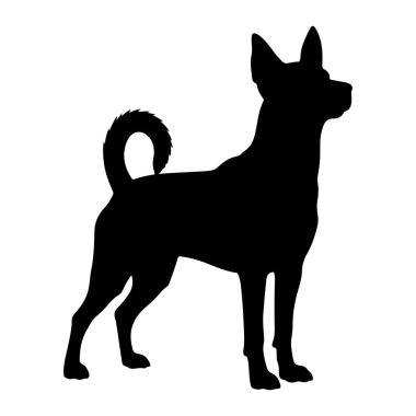 Katı siyah bir köpek silueti beyaz bir arkaplan karşısında duruyor. Köpeğin dik kulakları, kıvrık bir kuyruğu vardır ve başı hafifçe sağa dönük, tetikte ve tetikte görünmektedir. Dört bacağı görünür durumda, pençeleri var.
