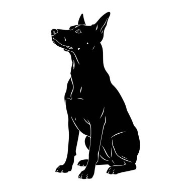 Siyah bir köpek silueti dikkatle oturur, kulakları permalı olarak yukarıya bakar. Köpeğin ana hatları düz beyaz bir arkaplan üzerinde durmaktadır, ince beyaz çizgiler onun biçimini ve özelliklerini vurgular..