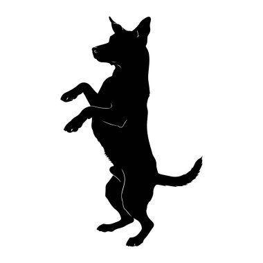 Siyah bir köpek silueti arka ayaklarının üzerinde dik duran tasvir edilir. Köpek ön pençelerini havaya kaldırmış bir şekilde sola bakıyor. Kuyruğu yukarı doğru kıvrılmış. Siluet düz beyaz bir arkaplan üzerinde, ince beyaz l